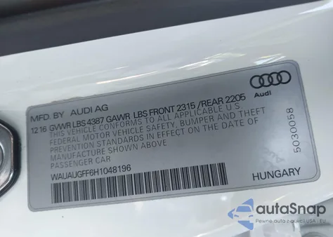2017 Audi A3 2.0T Premium z USA, uszkodzony, nr VIN WAUAUGFF6H1048196